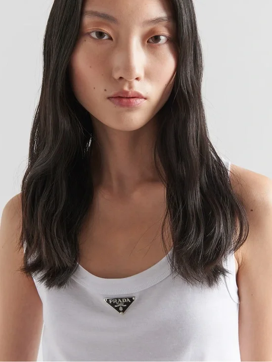 Triangle Logo Ribbed White Cotton Cropped Tank Top - Picture 5 of 8